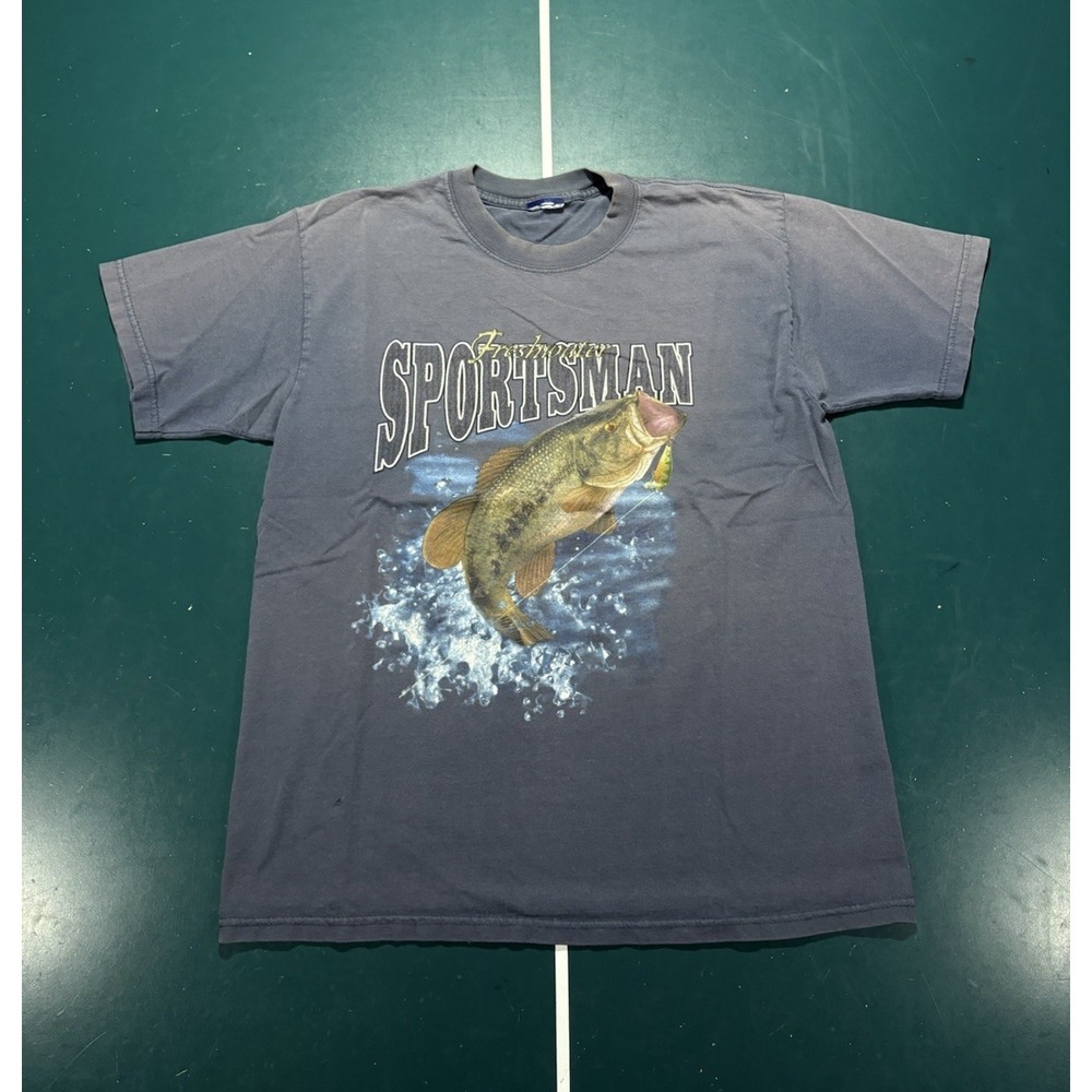 Vintage 90s Largemouth Bass Fishing T-shirt Mens Large Faded Blue Sportsman Fish